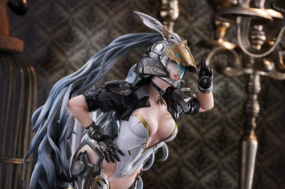 The First Descendant Ultimate Bunny 1/7 Scale Figure with futuristic armor, masked headpiece, long hair, and black silver gold battle suit