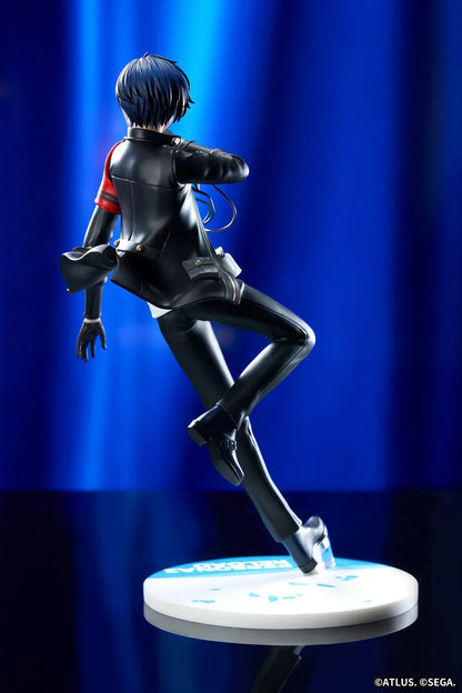 Persona 3 Reload Limepie Protagonist 1/8 Scale Figure with blue hair, black jacket, S.E.E.S. armband, headphones, and themed display base