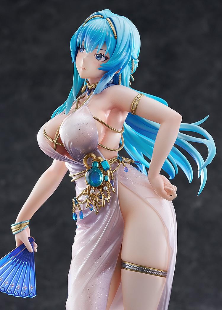 Goddess of Victory: Nikke Helm Chandelier 1/7 scale figure in shimmering pale dress with blue hair, gold accessories, and fan on ship-like base