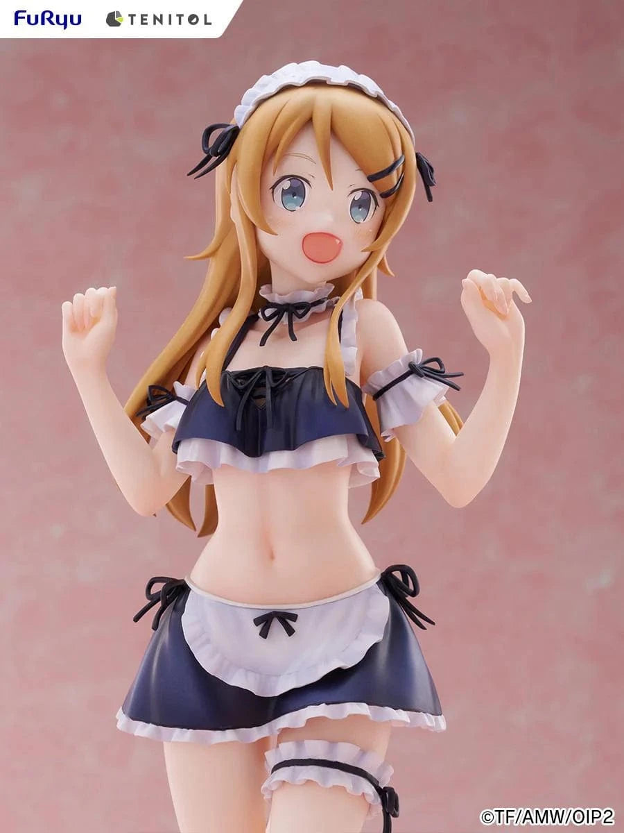 Oreimo Tenitol Tall Kirino Kousaka Swimsuit Maid Ver. Figure featuring Kirino in a navy and white maid swimsuit posing energetically by a beachside dessert setup