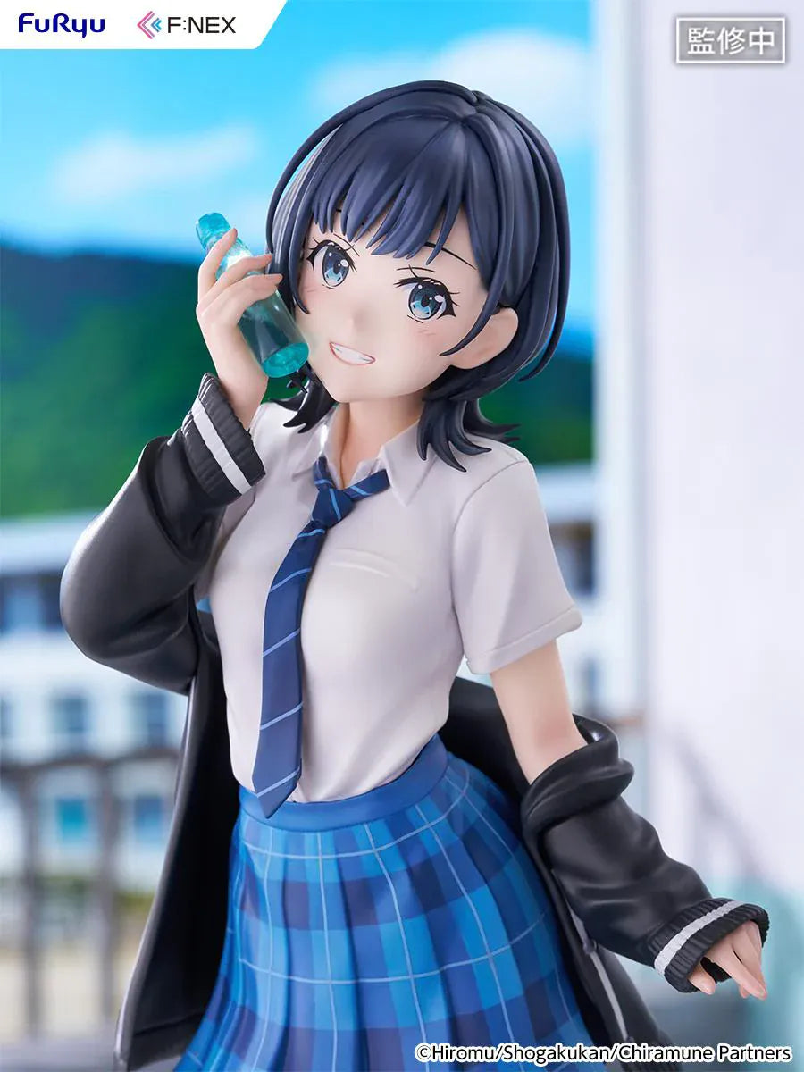 Chitose Is in the Ramune Bottle Yuzuki Nanase 1/7 Scale Figure with short dark hair, blue plaid skirt, school uniform outfit, drink bottle accessory, and display base