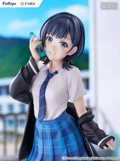 Chitose Is in the Ramune Bottle Yuzuki Nanase 1/7 Scale Figure with short dark hair, blue plaid skirt, school uniform outfit, drink bottle accessory, and display base