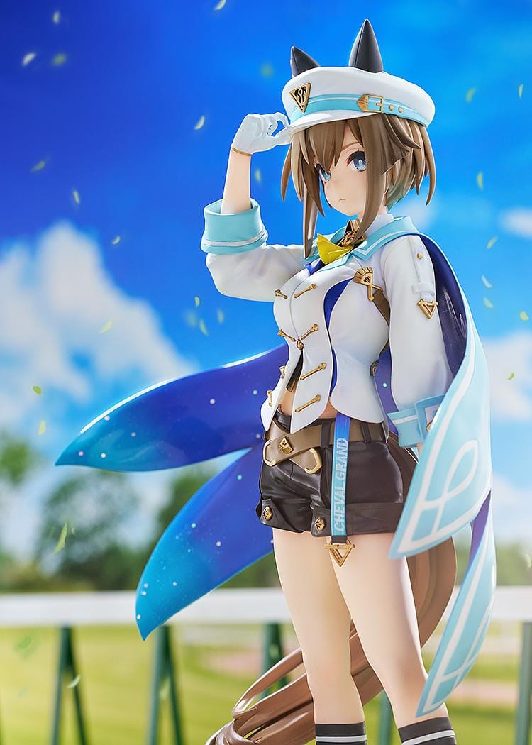 Umamusume Pretty Derby Cheval Grand 1/7 Scale Figure Rerelease featuring Cheval Grand with horse ears, blue-and-white race outfit, starry blue cape, cap, and sporty boots.