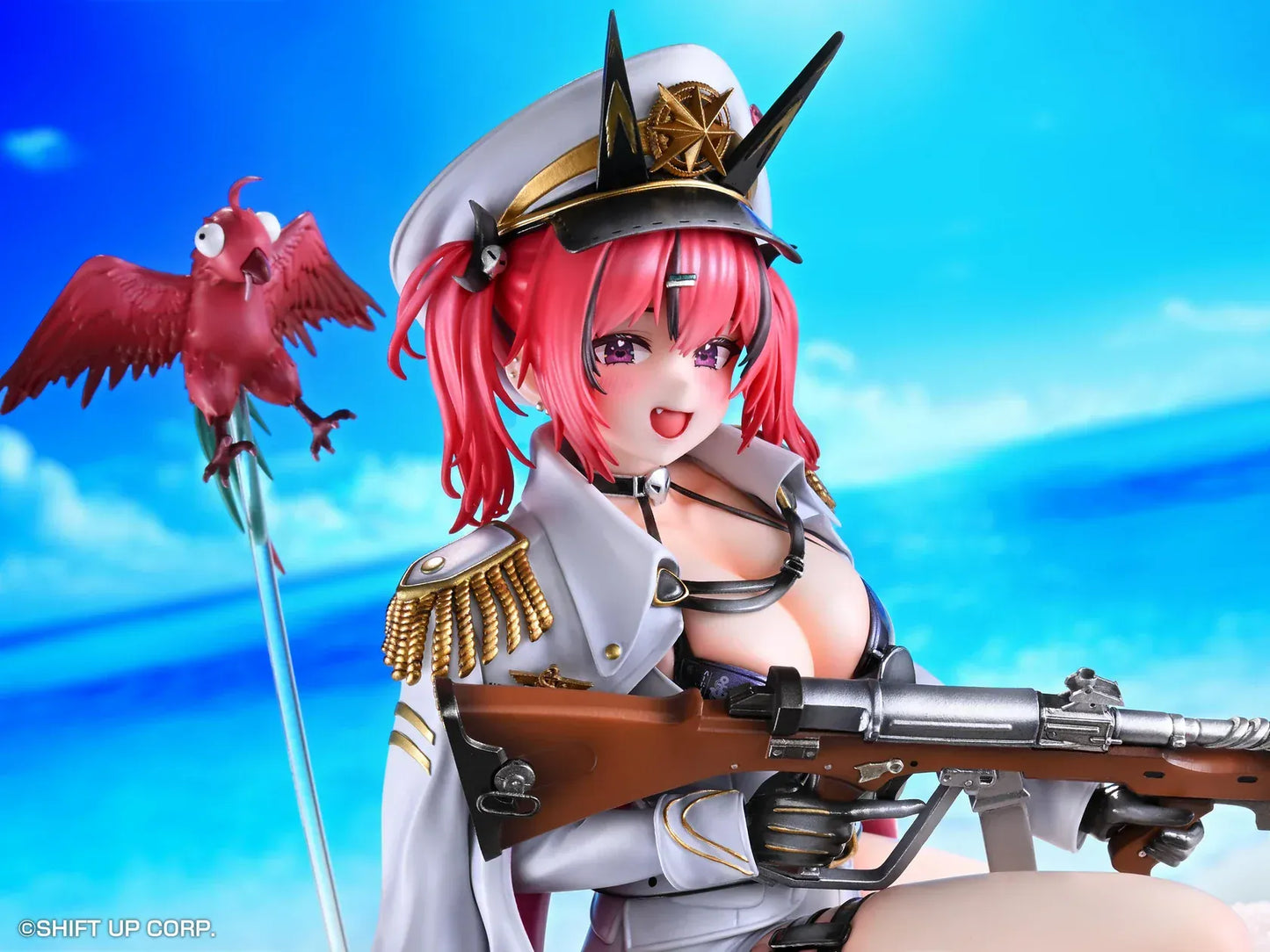 Goddess of Victory: Nikke Mast 1/7 scale figure kneeling on red-and-white base in white naval uniform with rifle and red parrot