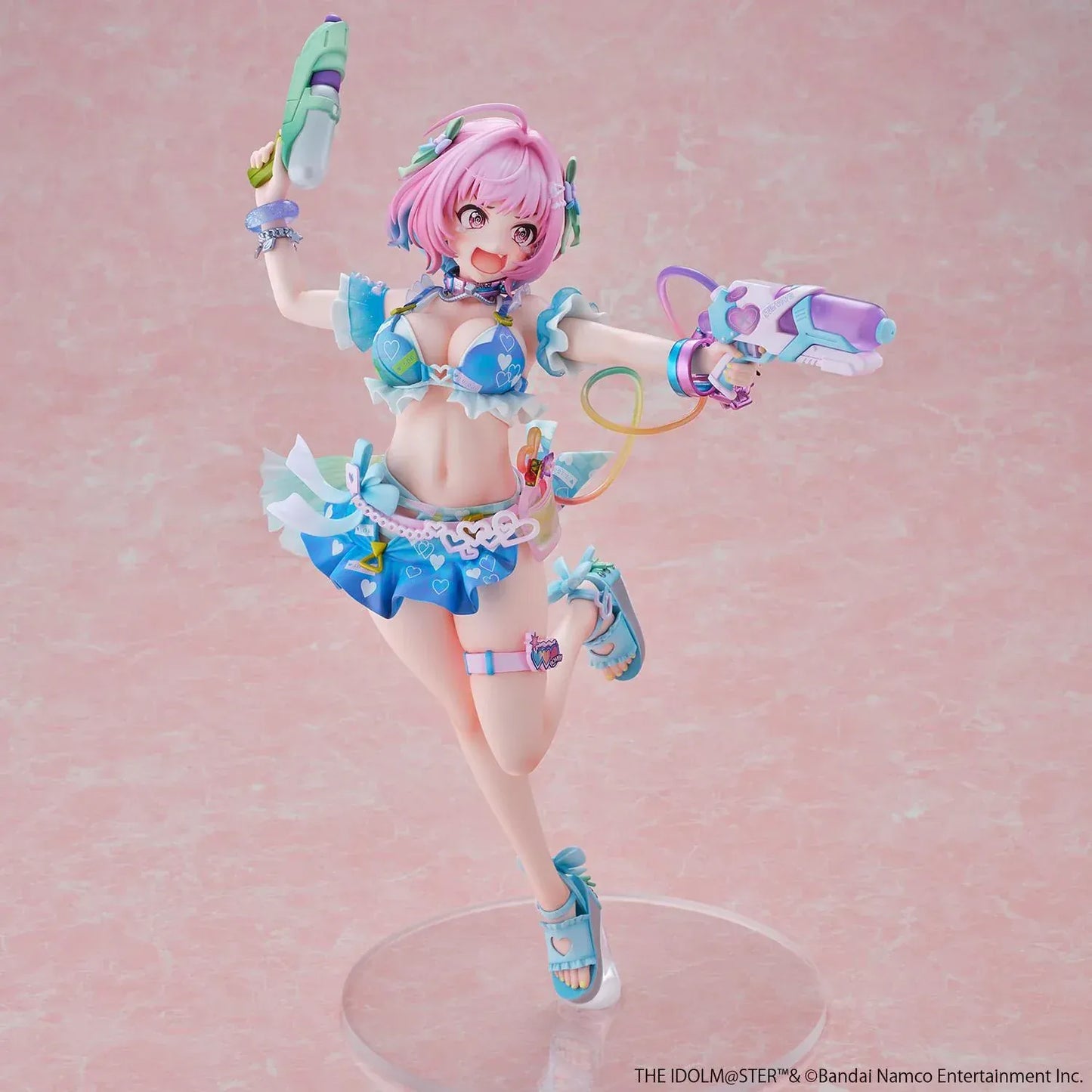 Riamu Yumemi 1/6 scale figure from The Idolmaster Cinderella Girls in pastel blue idol outfit holding water gun accessory on clear display base
