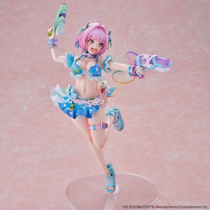 Riamu Yumemi 1/6 scale figure from The Idolmaster Cinderella Girls in pastel blue idol outfit holding water gun accessory on clear display base