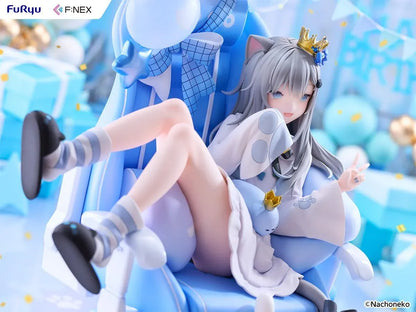 Nachoneko Birthday Ver. 1/7 Scale Figure by FuRyu F featuring a silver-haired cat girl with a golden crown relaxing in a blue gaming chair decorated with balloons, ribbons, and cat accessories.