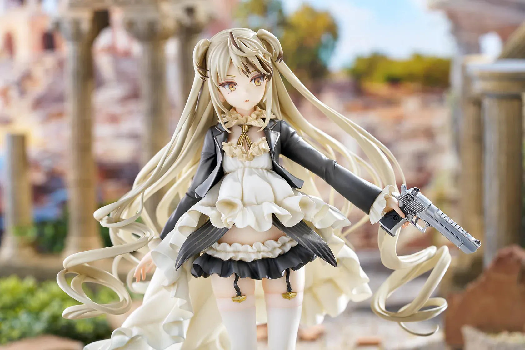 Girls' Frontline Desert Eagle 1/7 Scale Figure featuring Desert Eagle with long blonde hair, white-and-black outfit, golden eyes, handgun accessory, and flowing dress details.