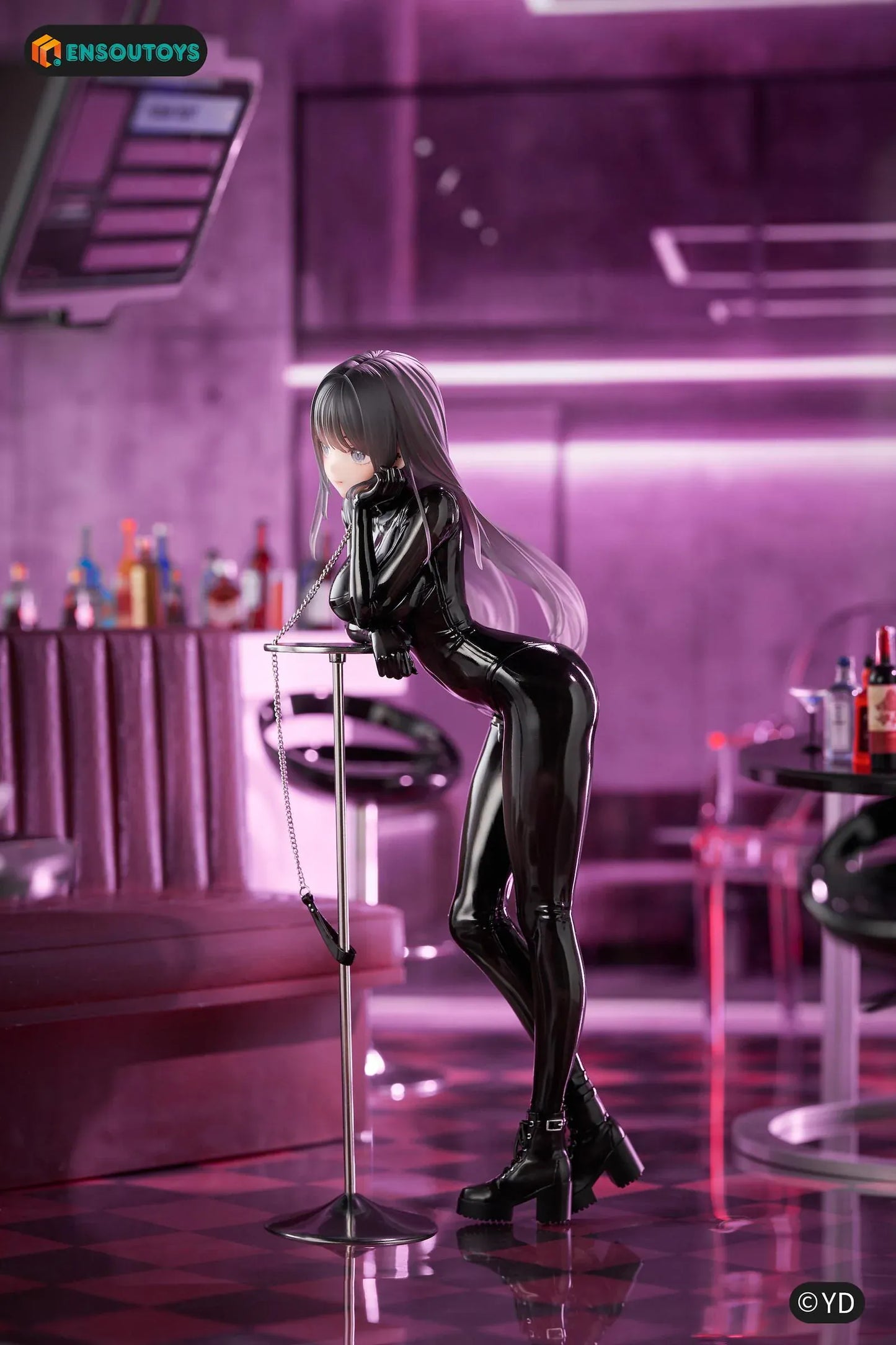 Illustration Dear My Rubber Kurokawa Miu 1/6 Scale Figure featuring Kurokawa Miu with long gray hair, blue eyes, glossy black outfit, chain accessory, and modern display pose.