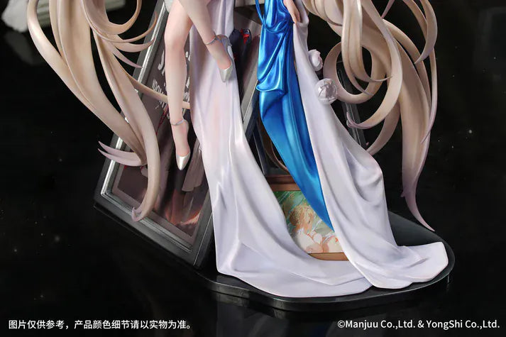Azur Lane Formidable Anniversary Memories Ver. 1/7 Scale Figure featuring Formidable with long blonde hair, blue-and-white outfit, elegant seated pose, and mirror-style display base.