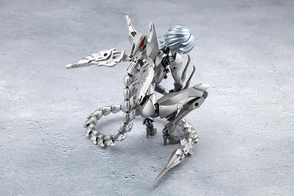 Megalomaria Unlimited Universe Wreckage Hunter model kit with white mechanical armor, a large rifle, weapon tail, and futuristic motorcycle.