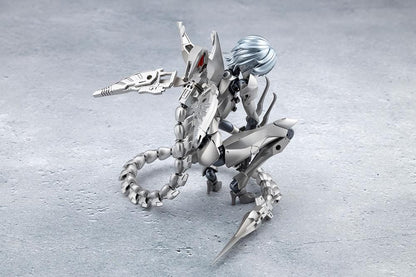Megalomaria Unlimited Universe Wreckage Hunter model kit with white mechanical armor, a large rifle, weapon tail, and futuristic motorcycle.