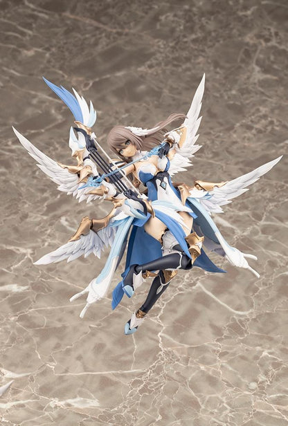Assembled Arcanadea Ermeda model kit with long brown hair, white feathered wings, a blue and white outfit, gold armor accents, and armored boots.