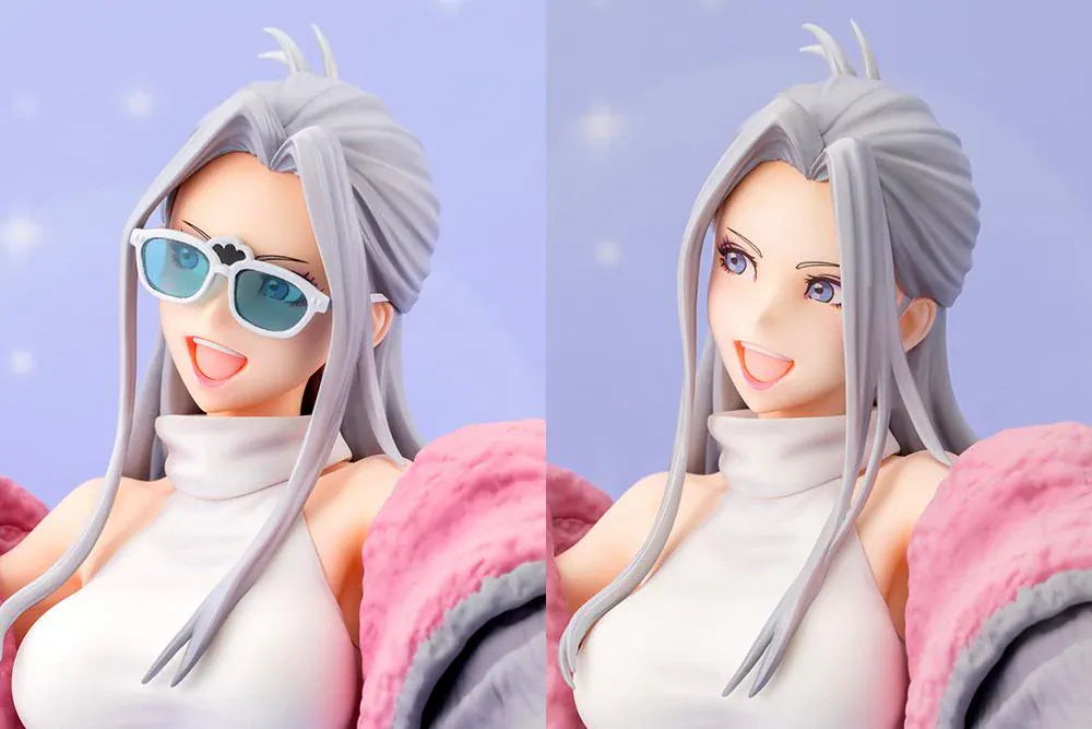 Furby Bishoujo Figure with fashionable character in sunglasses, fuzzy jacket, yellow boots, Furby companion, and glittery display base