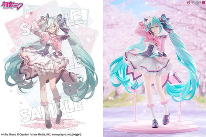 Hatsune Miku New School Term figure with turquoise twin-tails, a pink and white ruffled outfit, purple bows, and flower accents on a pink base.