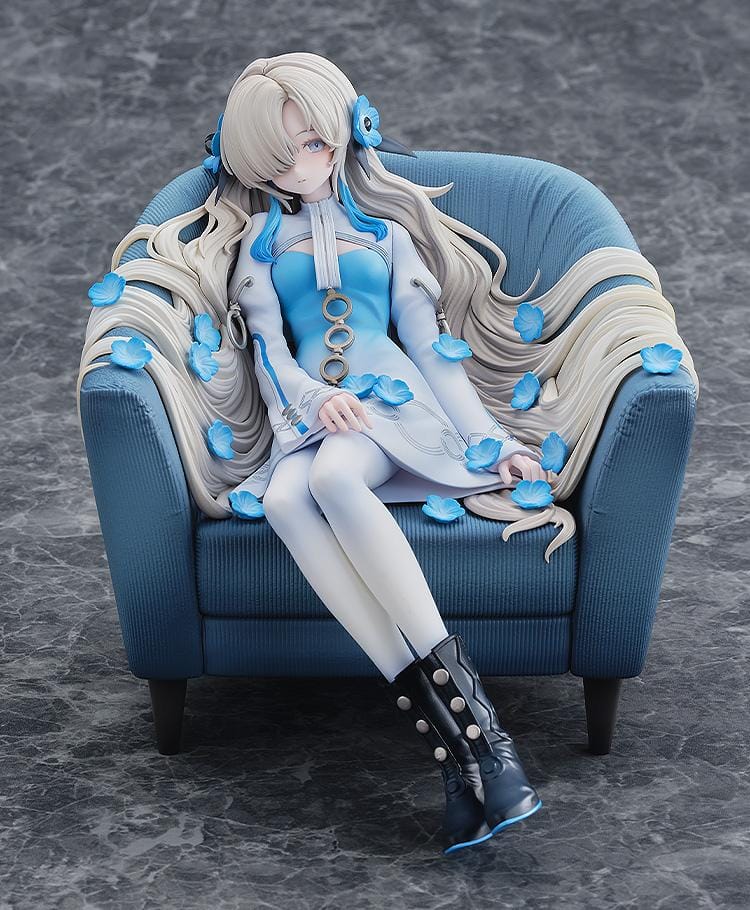 Isekaijoucho Universal Body Nemophila 1/7 scale figure sitting on blue chair with flowing silver hair and blue flower petals