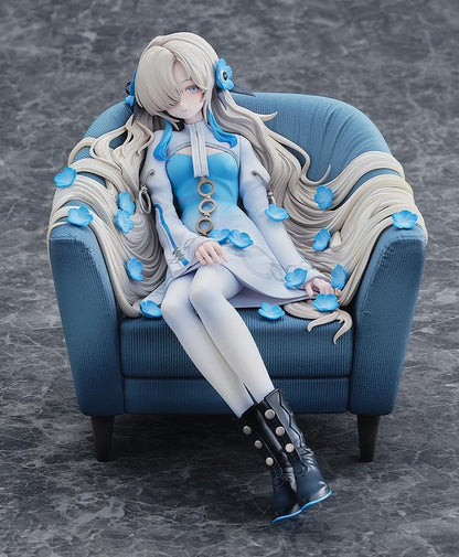 Isekaijoucho Universal Body Nemophila 1/7 scale figure sitting on blue chair with flowing silver hair and blue flower petals
