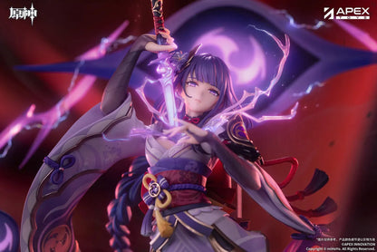 Genshin Impact Raiden Shogun Plane of Euthymia 1/7 Scale Figure featuring Raiden Shogun with purple Electro effects, sword, Inazuma outfit, and dramatic display base.