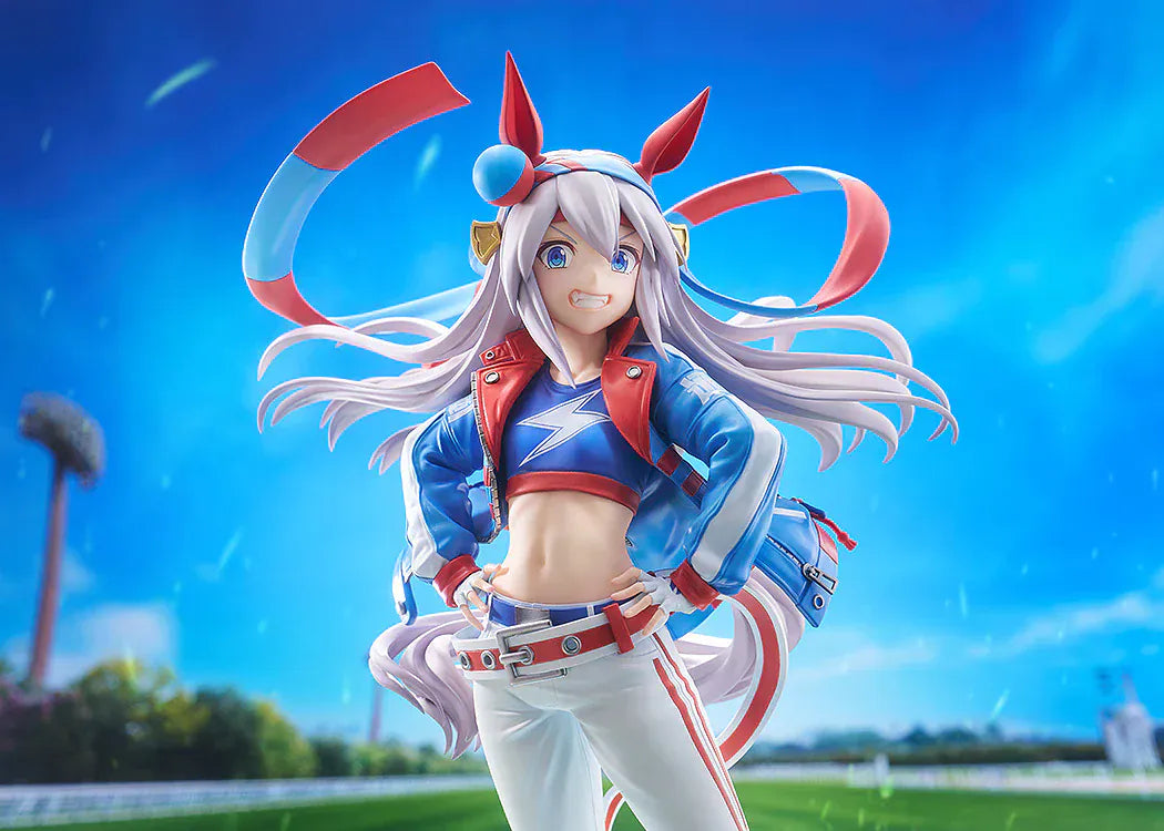 Uma Musume: Cinderella Gray Tamamo Cross 1/7 Scale Figure featuring Tamamo Cross in her vibrant blue and red racing jacket with confident pose and long flowing twin tails.