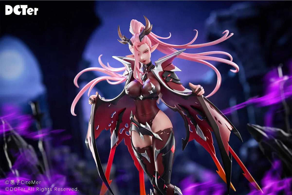 Heslion Draco Bellatrix Feminina 1/7 scale figure with pink hair, curved horns, dark crimson armor, wing-like elements, and a rocky base.