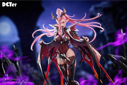 Heslion Draco Bellatrix Feminina 1/7 scale figure with pink hair, curved horns, dark crimson armor, wing-like elements, and a rocky base.