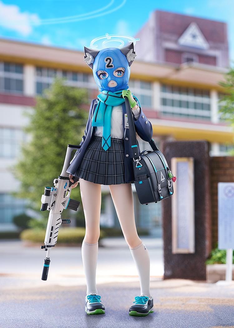 Blue Archive Shiroko 1/7 Scale Figure with silver-gray hair, wolf ears, blue halo, scarf, shoulder bag, and weapon accessory
