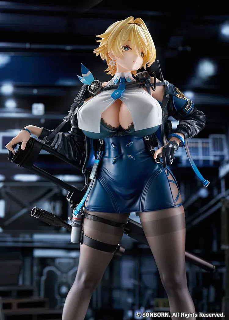 Girls' Frontline 2 Exilium Nikketa 1/6 Scale Figure with blonde hair, blue tactical outfit, weapon accessory styling, stockings, and display base
