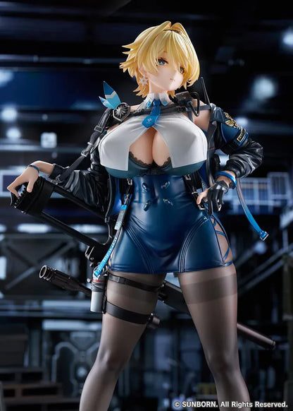 Girls' Frontline 2 Exilium Nikketa 1/6 Scale Figure with blonde hair, blue tactical outfit, weapon accessory styling, stockings, and display base