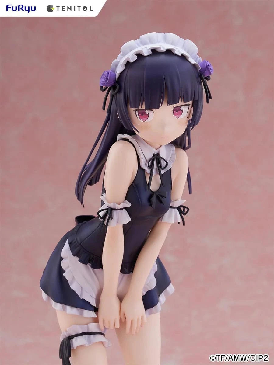 Oreimo Tenitol Tall Kuroneko Swimsuit Maid Ver. Figure featuring Kuroneko in a black-and-white maid swimsuit posing shyly by a dessert table with a beach backdrop
