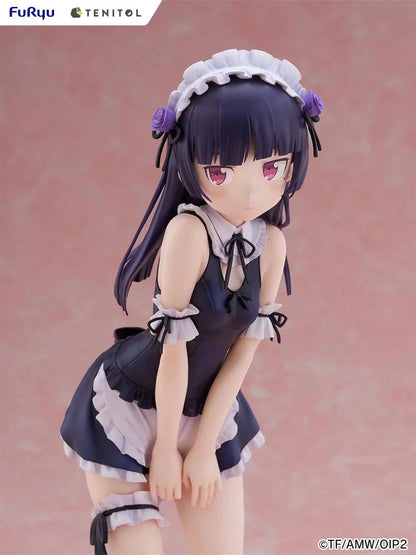 Oreimo Tenitol Tall Kuroneko Swimsuit Maid Ver. Figure featuring Kuroneko in a black-and-white maid swimsuit posing shyly by a dessert table with a beach backdrop