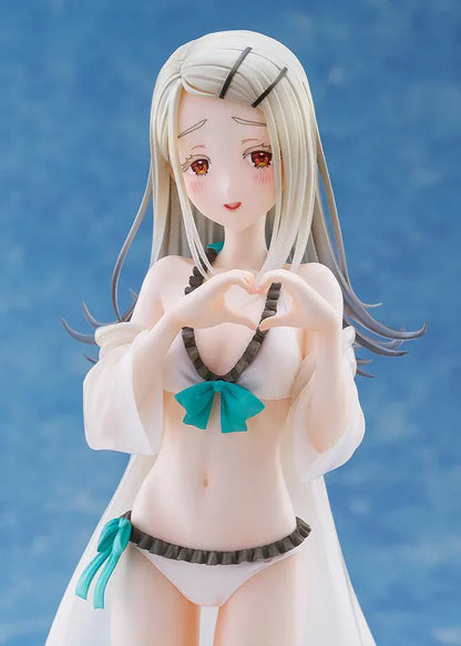 The Idolmaster Gakuen Hiro Shinosawa Swimsuit Ver 1/7 scale figure with straw hat, white swimsuit, and translucent beach cover-up on sand-style base