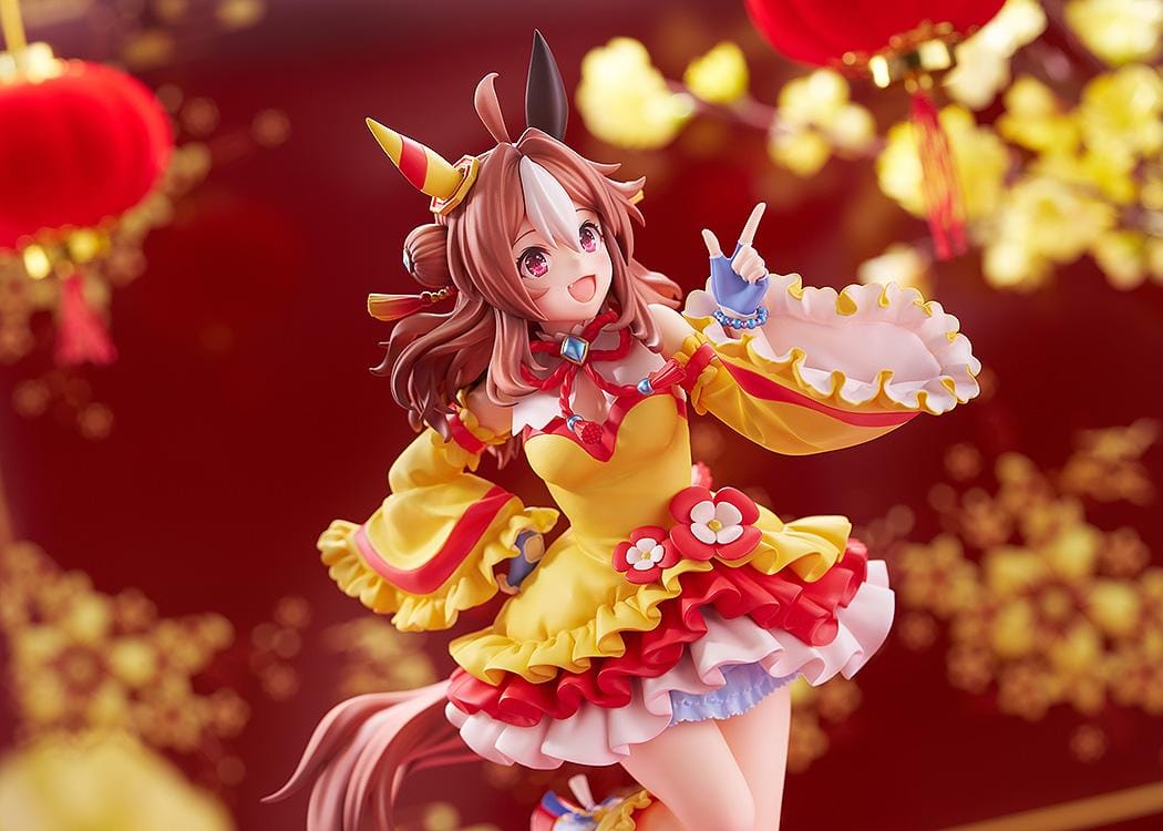 Umamusume Pretty Derby Copano Rickey Signature Racewear Ver. 1/7 Scale Figure featuring Copano Rickey in a yellow and red racewear outfit with horse ears, tail, and themed display base.