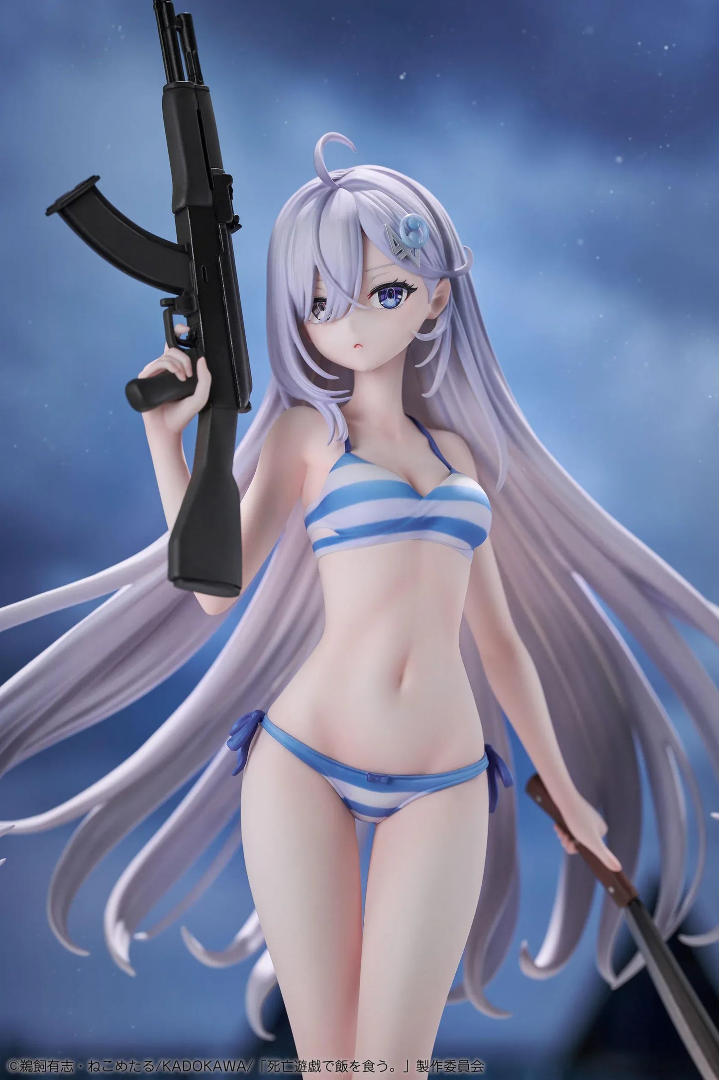 Playing Death Games to Put Food on the Table Yuki 1/7 Scale Figure with long silver hair, blue-and-white outfit, rifle, blade accessory, and display base