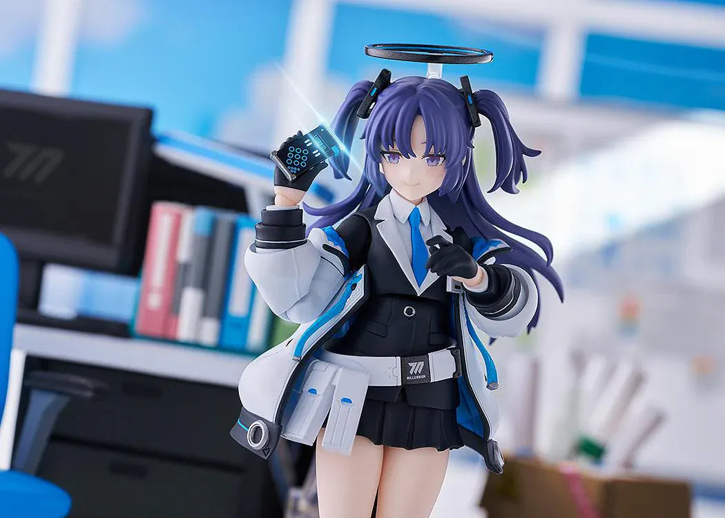 Blue Archive figma Yuuka Hayase Figure Rerelease featuring Yuuka with purple twin tails, academy-style outfit, halo detail, and tactical weapon accessories.