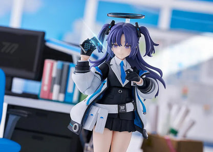 Blue Archive figma Yuuka Hayase Figure Rerelease featuring Yuuka with purple twin tails, academy-style outfit, halo detail, and tactical weapon accessories.