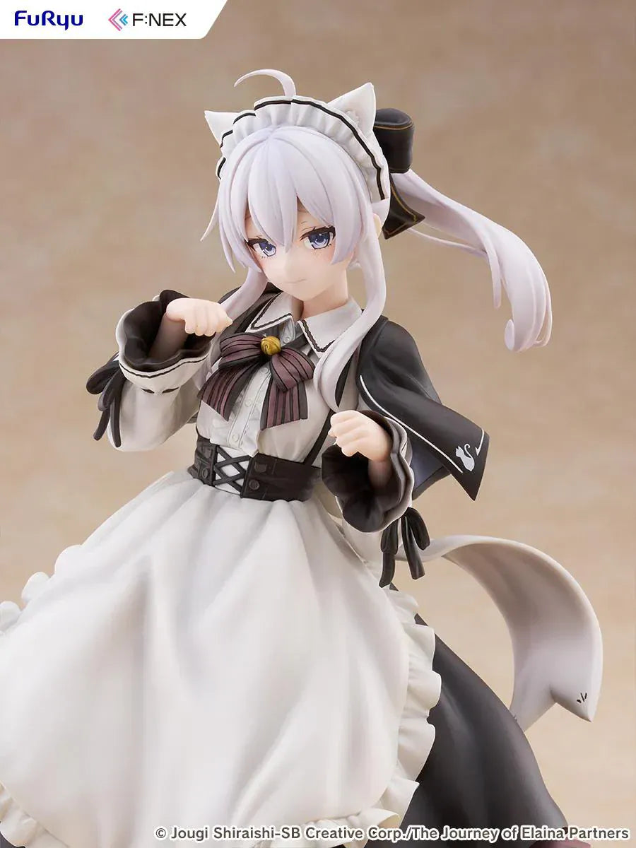 Elaina maid costume with cat ears scale figure from Wandering Witch, standing in a pawing pose with frilled monochrome dress and flowing twin-tail hair.