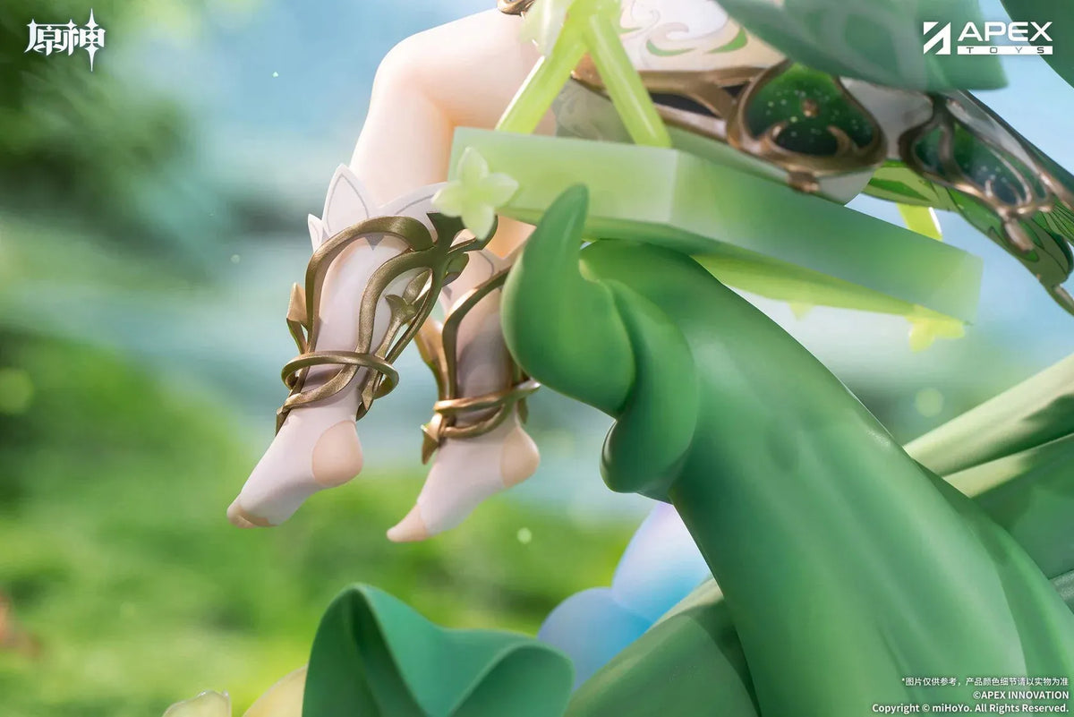 Genshin Impact Nahida Physic of Purity Ver. 1/7 scale figure seated on a green swing surrounded by vines, leaves, and colorful flowers.