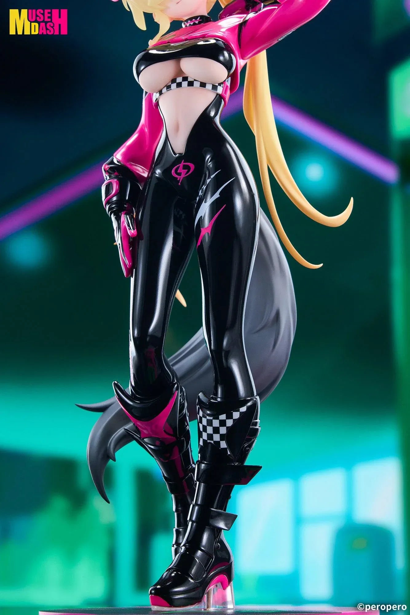 Muse Dash LIMEPIE Rin Racer 1/8 scale figure wearing a glossy black-and-pink racing outfit.