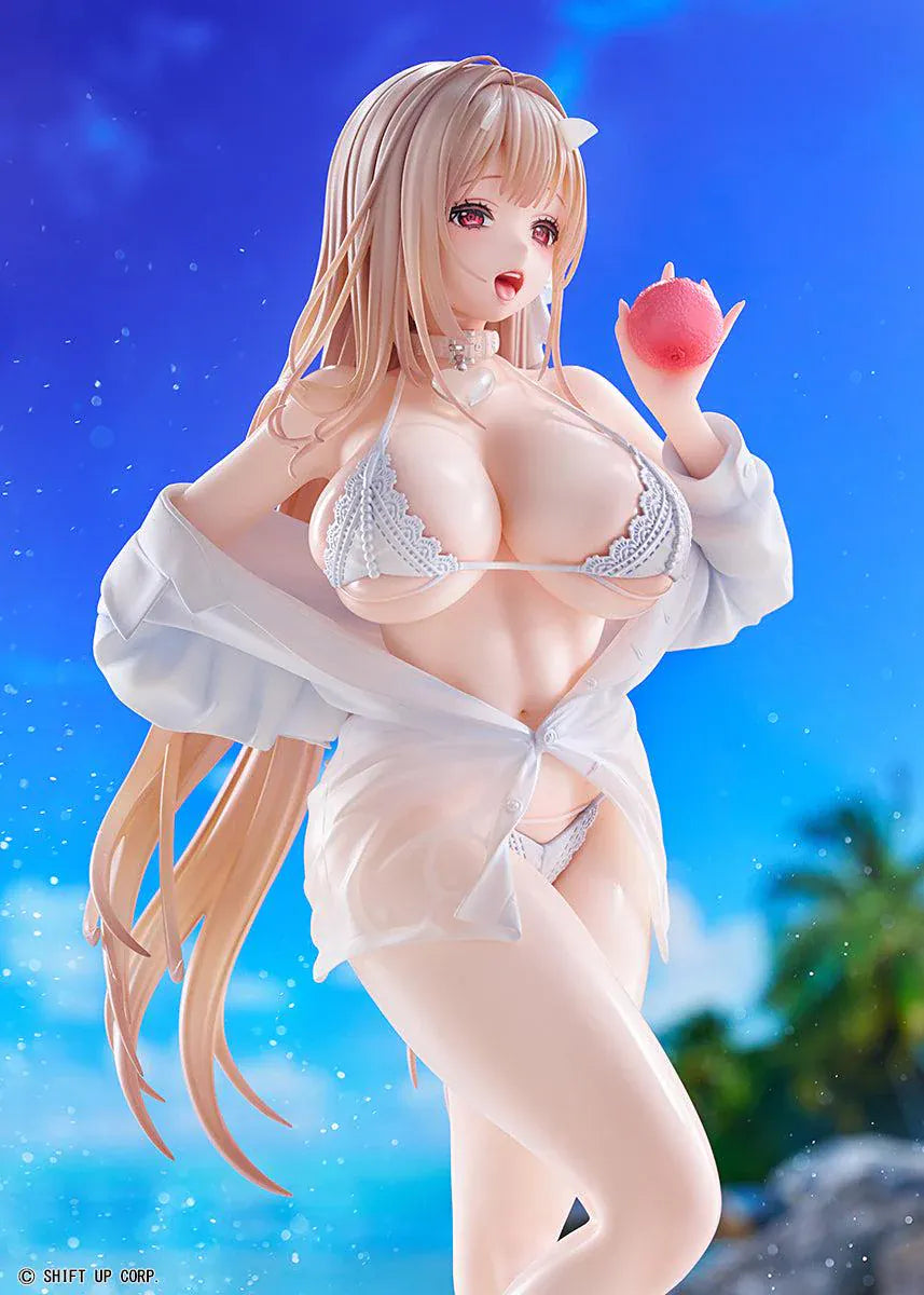 GODDESS OF VICTORY NIKKE Viper Shine of Love 1/7 Scale Figure with long hair, white beachwear-inspired outfit, apple accessory, and beach display base