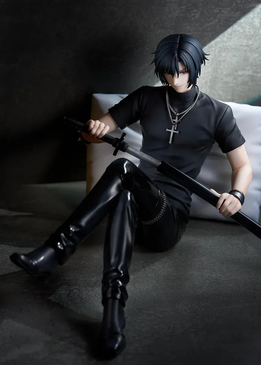 Shiki 1/7 scale figure from Togainu no Chi sitting with sword wearing black outfit on cushion base