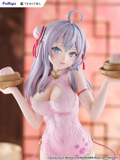 Alya Sometimes Hides Her Feelings in Russian TENITOL TALL Alya Cheongsam ver. Figure featuring Alya with long silver hair, pink cheongsam outfit, steamed bun accessories, and pink shoes.