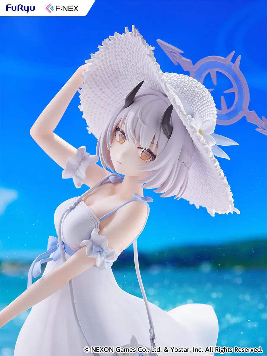 Blue Archive Sena Casual 1/7 Scale Figure featuring Sena with short silver hair, white dress, wide-brim hat, sandals in hand, and seaside-themed display base.
