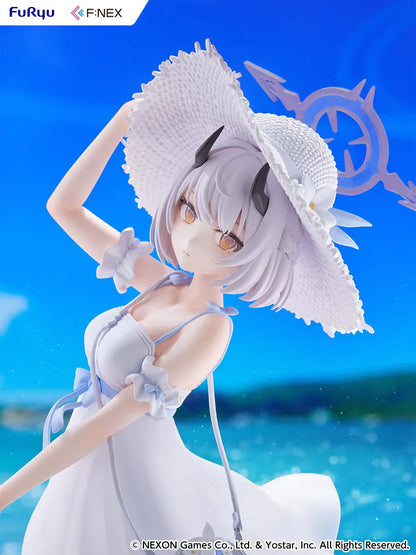 Blue Archive Sena Casual 1/7 Scale Figure featuring Sena with short silver hair, white dress, wide-brim hat, sandals in hand, and seaside-themed display base.