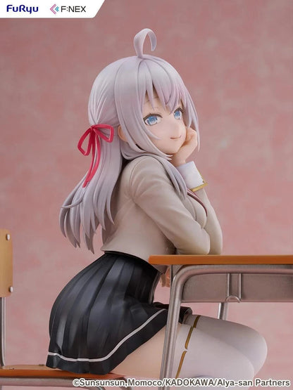 Alya Sometimes Hides Her Feelings in Russian Alya 1/7 Scale Figure by FuRyu F:NEX featuring Alya sitting at a school desk with silver hair and red ribbons