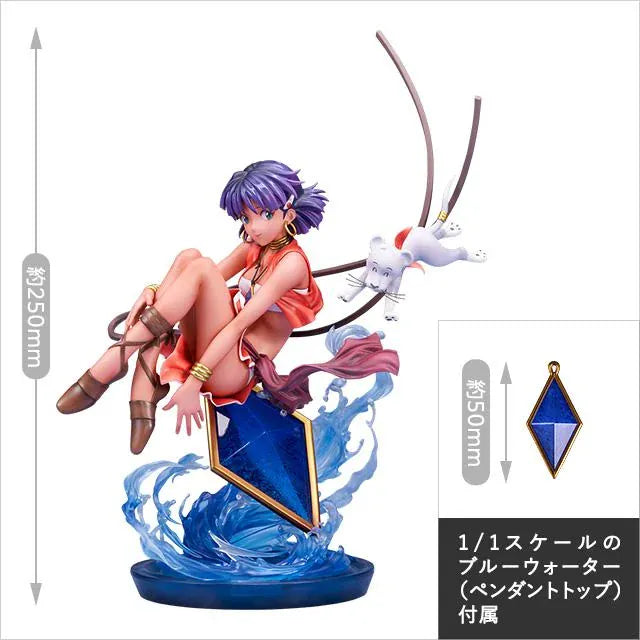 Nadia 1/7 scale figure in a red outfit with purple hair, a white lion companion, flowing ribbons, and swirling blue water effects.
