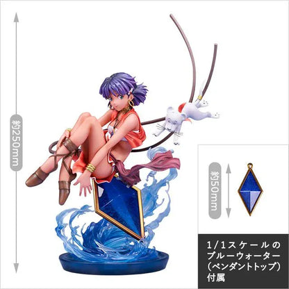Nadia 1/7 scale figure in a red outfit with purple hair, a white lion companion, flowing ribbons, and swirling blue water effects.