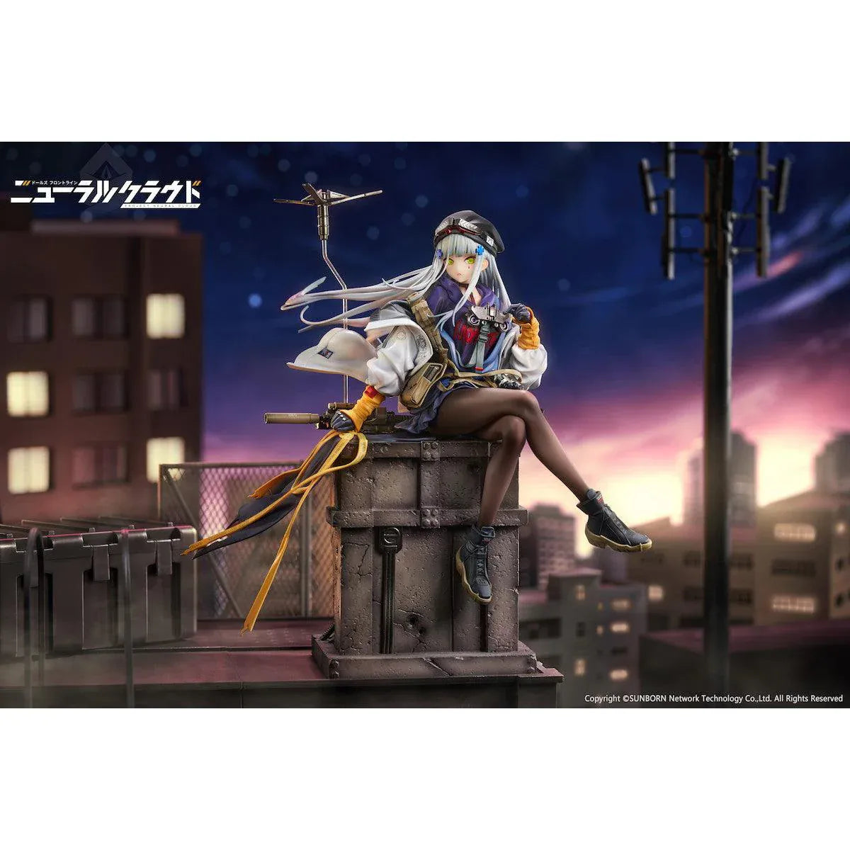 Girls' Frontline Neural Cloud Klukai 1/7 Scale Figure with long silver hair, military-inspired outfit, weapon accessories, seated pose, crate-style base, and bonus item