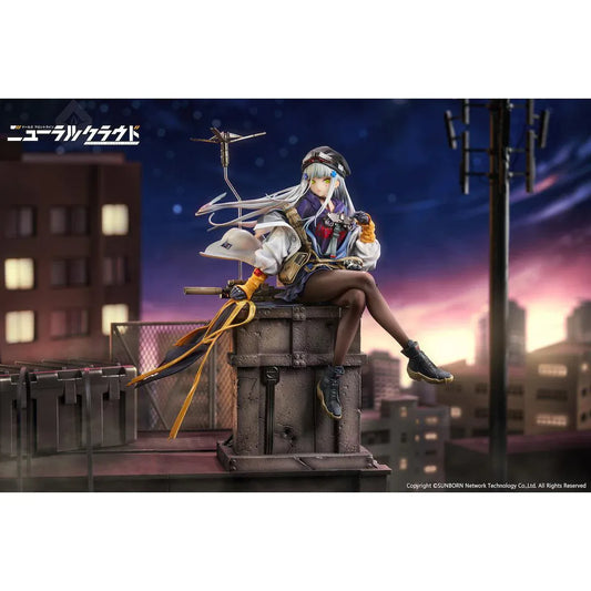 Girls' Frontline Neural Cloud Klukai 1/7 Scale Figure with long silver hair, military-inspired outfit, weapon accessories, seated pose, crate-style base, and bonus item