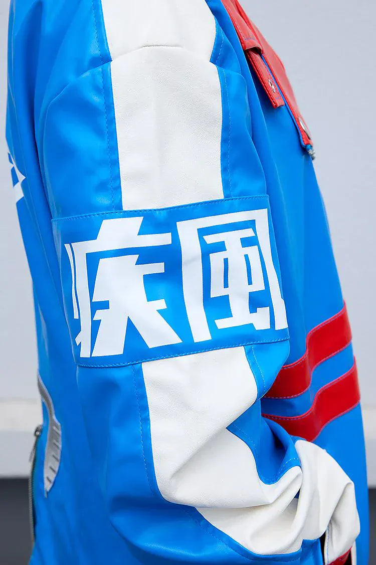 Umamusume Pretty Derby Tamamo Cross blue and red faux leather biker jacket with lightning bolt design and kanji symbols