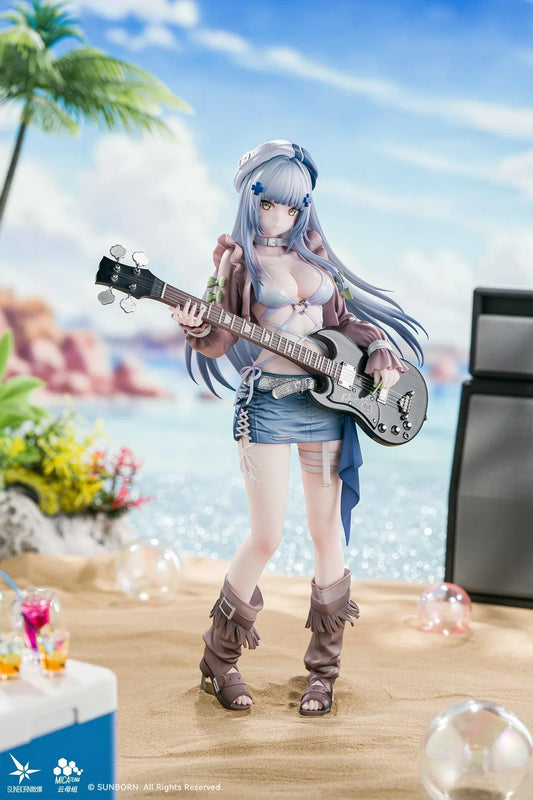 Girls' Frontline Klukai 10th Anniversary 1/6 scale figure with pale blue hair, a beret, brown jacket, blue skirt, and black bass guitar.